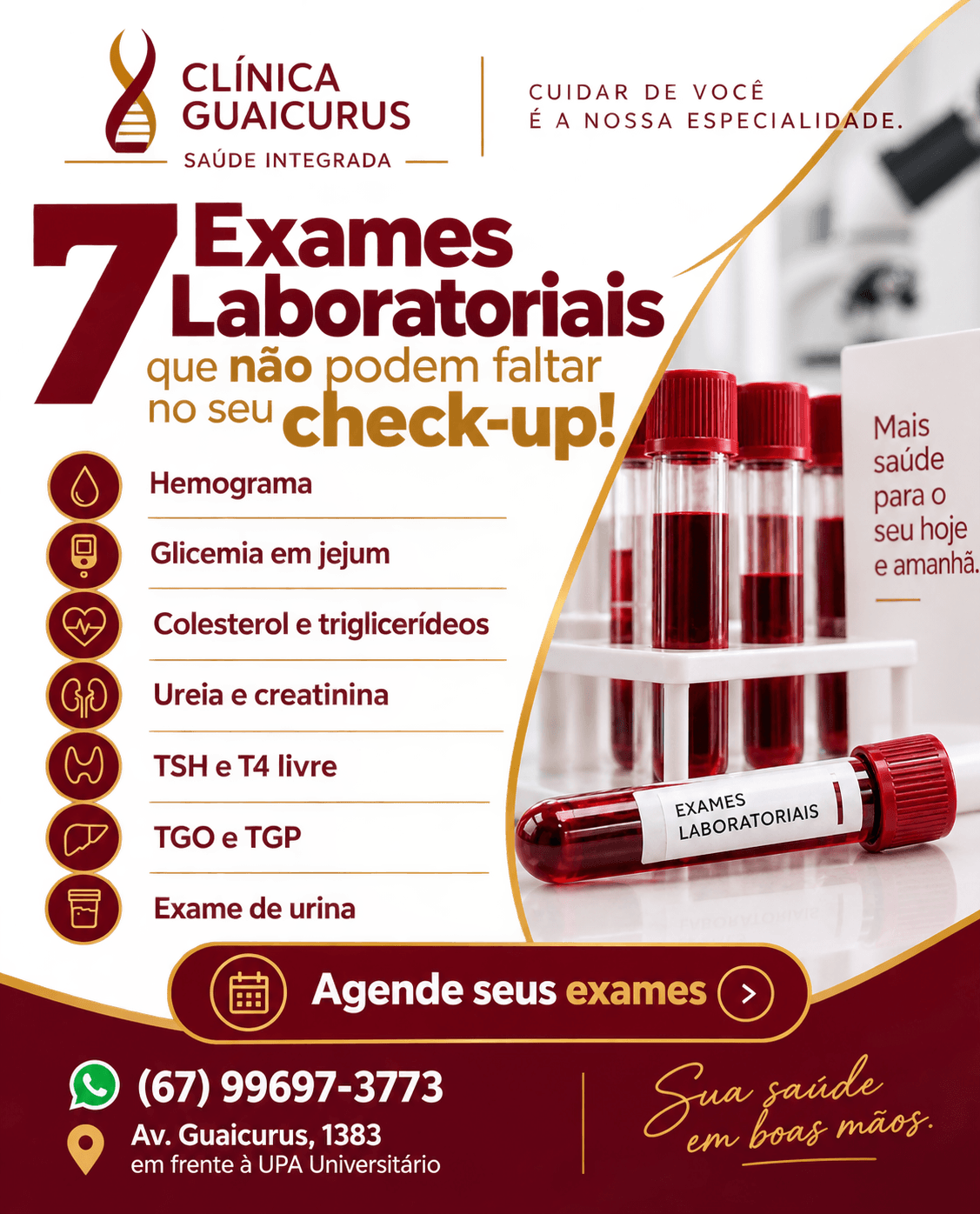 Arte com os 7 exames laboratoriais que não podem faltar no check-up: hemograma, glicemia, colesterol, ureia, TSH, TGO e exame de urina
